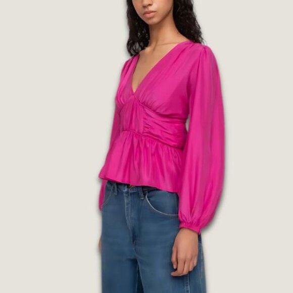 Sea New York Fabiola Silk Habotai Blouse Ruched Smocked Detailing Magenta 2 NWOT - Picture 2 of 13